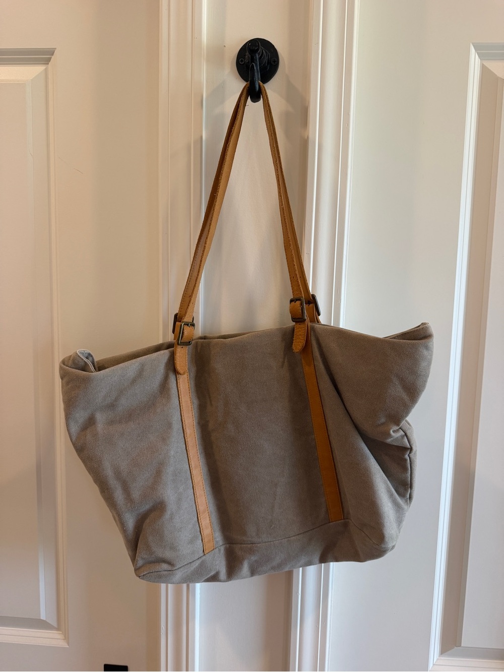 Hearth & Hand Taupe Canvas Tote with Tan Leather Straps